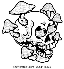 Creepy Skull Mushrooms hand draw vector coloring page 