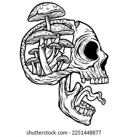 Creepy Skull Mushrooms hand draw vector coloring page 