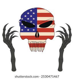 Creepy skull and skeleton hand isolated transparent background. Flag of USA and Skull. Scary template design for vector Halloween art and t-shirt print.	
