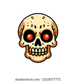 A creepy skull vector illustration with glowing red eyes. The design is cartoonish yet creepy, making it perfect for Halloween themed projects, horror graphics, stickers