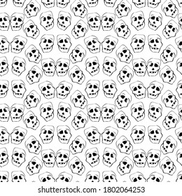 Creepy skulls black and white halloween seamless vector pattern. Monochromatic spooky surface print design for fabrics, stationery, and packaging.
