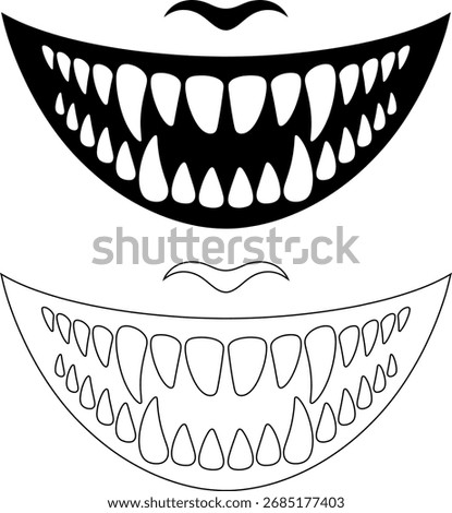 Creepy smile with sharp teeth black and white halloween theme