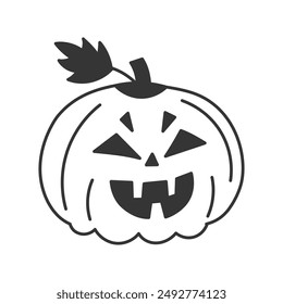 Doodle de calabaza espeluznante sonriente Jack o Lantern. Cara de calabaza espeluznante dibujada a mano con hoja. Símbolo aterrador de Halloween. Ilustración vectorial aislada