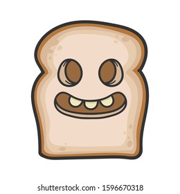 Creepy smiling slice of bread cartoon illustration isolated on white