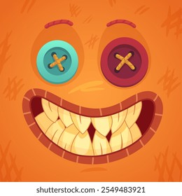 Creepy smiling voodoo doll face with button eyes and a stitched mouth showing sharp teeth, creating a spooky and playful halloween design