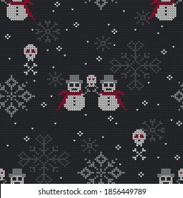 Creepy snowmen with hat and scarf holding a skull. Knitted sweater design with skulls and snowflakes. Seamless winter pattern for backgrounds, knitted look.