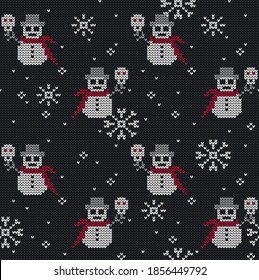 Creepy snowmen with hat and scarf holding a skull. Knitted sweater design with skulls and snowflakes. Seamless winter pattern for backgrounds, knitted look.