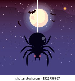 creepy spider animal with moon in scene of halloween vector illustration design