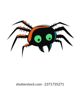 Creepy spider isolated on white. Spider with big eyes and teeth for Halloween. Insect predator. Character in cartoon style. Hand drawn. Vector illustration.