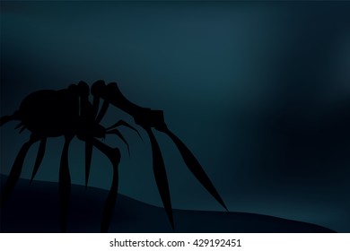 creepy spider silhouette over dark, blue background. Vector illustration