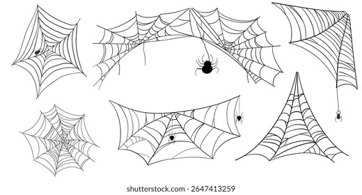 Coleção de teia de aranha assustadora com cantos góticos e formas assustadoras. Vetor de teia de aranha de Halloween definido para decorações de horror. Redes isoladas de insetos negros e quadros de rosca assustadores em branco.
