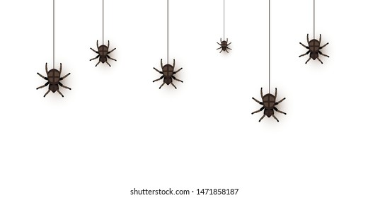 Creepy spiders on web flat vector illustration. Mygalomorphae, scary arachnid climb down. Arachnophobia, entomology design element. Dangerous animals, venomous predators isolated on white background