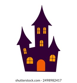 A creepy, spooky house with a purple roof and orange door. The house is surrounded by a white background