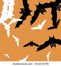Creepy Spooky Light Faces Modern Style Simple Art. Black Grey Chaos Motion Art Flying Bats Fabrics. Print Retro White Bats Vector Design Pic. Attack Orange Scary Funny Halloween Modern Design.
