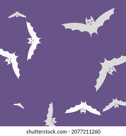 Creepy Spooky Retro Gothic Halloween Modern Design. Attack Grey Eyes Purple Flying Bats Art Pattern. Black White Colorful Violet Background. Print Night Sky Scary Motion Bats Vector Illustration.