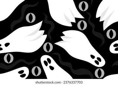 Creepy, spooky, scary Halloween ghost. Black, white and gray colors. Seamless vector pattern for design and decoration.