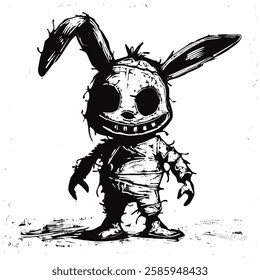 Creepy stitched bunny with dark eyes in a black-and-white style.