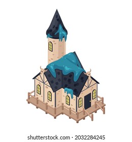 Creepy stone witch house with tower and animal skulls isometric icon vector illustration