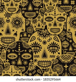 Creepy sugar skulls pattern vintage looking in black and golden colors. Vector seamless pattern design for textile, fashion, paper, packaging and branding. 