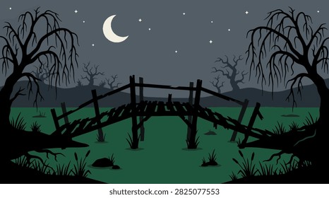 Creepy swamp scenery featuring dark forest trees crescent moon stars and ancient wooden bridge spanning murky waters