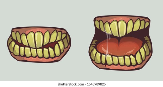 Creepy Teeth. Vector Cartoon Illustration Of Open And Closed Monster Mouth With Yellow Teeth