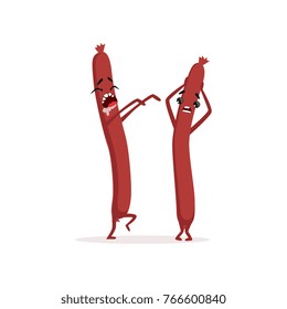 Creepy thin sausage walking like zombie. Other frankfurter holding his head in fright. Cartoon meat characters in flat style. Vector design for sticker, card or poster