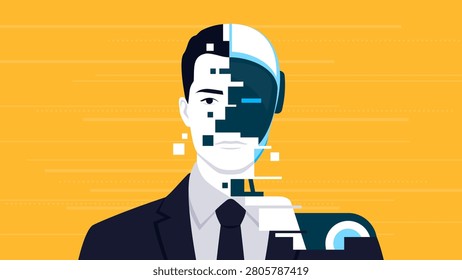 Creepy threatening AI robot hiding inside a businessman body: AI agent concept