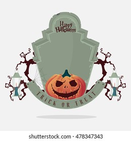 Creepy tombstone and scary Halloween pumpkin. Happy Halloween typography. Vector Illustration.