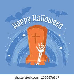 Gruseliger Grabstein mit Skeletthand und Happy Halloween, Vector