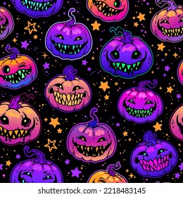 Creepy toothy Halloween pumpkins. Bright seamless pattern