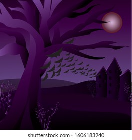 Creepy tree Halloween background. Halloween background with mountains, dry trees, bats, pumpkins and big moon.