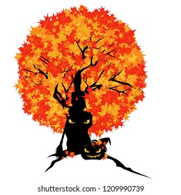 creepy tree with jack o'lantern and witch broom - halloween theme vector design set
