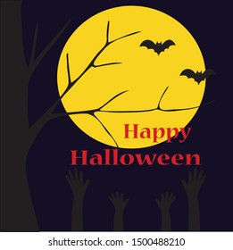 creepy tree, the moon and the bats. Happy Halloween background for card, banner, backdrop.