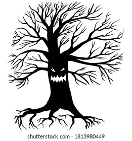 Creepy tree with twisted trunks and branches - black and white halloween vector design. Evil tree halloween. Vector illustration on white background. For postcards, posters, stickers and professional