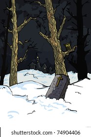 Creepy trees in a graveyard in the snow at night