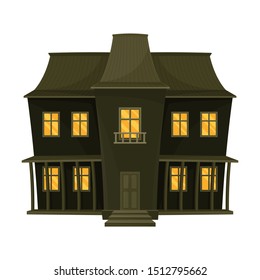 Creepy two-story khaki house with balconies. Vector illustration.