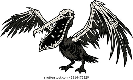 Creepy undead bird with bone wings and eldritch anatomy vector.