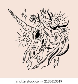 Creepy unicorn skeleton in dark boho style, bohemian skull vector clipart illustration. Ornate floral design. Gothic, macabric medieval horse head with horn. Great for Halloween party, t-shirts