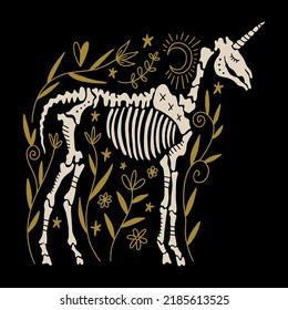 Creepy unicorn skeleton in dark boho style, bohemian skull vector clipart illustration. Ornate floral design. Gothic, macabric medieval horse head with horn. Great for Halloween party, t-shirts