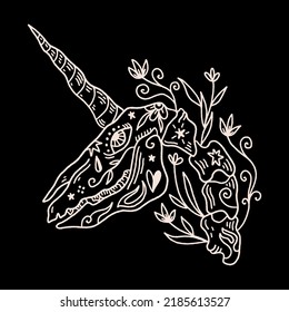 Creepy unicorn skeleton in dark boho style, bohemian skull vector clipart illustration. Ornate floral design. Gothic, macabric medieval horse head with horn. Great for Halloween party, t-shirts