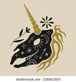 Creepy unicorn skeleton in dark boho style, bohemian skull vector clipart illustration. Ornate floral design. Gothic, macabric medieval horse head with horn. Great for Halloween party, t-shirts