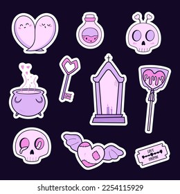 Creepy Valentine clipart. Spooky love. Pastel goth stickers. Kawaii weird style. Anti valentines day conception.