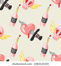 Creepy Valentine seamless pattern, Spooky Valentine, Pastel Goth digital stickers, Alternative Valentine day vector EPS10