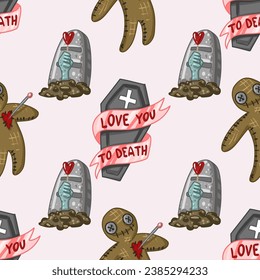 Creepy Valentine seamless pattern, Spooky Valentine, Pastel Goth digital stickers, Alternative Valentine day vector EPS10