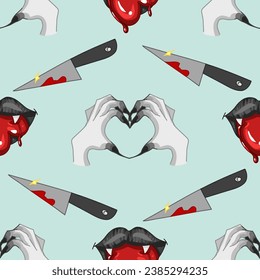 Creepy Valentine seamless pattern, Spooky Valentine, Pastel Goth digital stickers, Alternative Valentine day vector EPS10