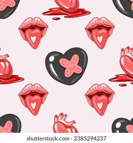 Creepy Valentine seamless pattern, Spooky Valentine, Pastel Goth digital stickers, Alternative Valentine day vector EPS10