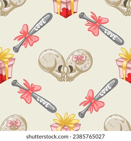 Creepy Valentine seamless pattern, Spooky Valentine, Pastel Goth digital stickers, Alternative Valentine day vector EPS10