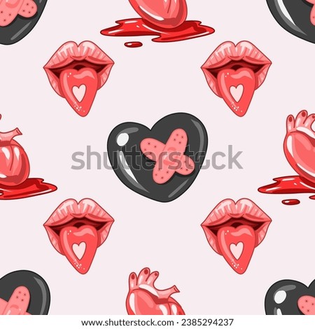 Creepy Valentine seamless pattern, Spooky Valentine, Pastel Goth digital stickers, Alternative Valentine day vector EPS10