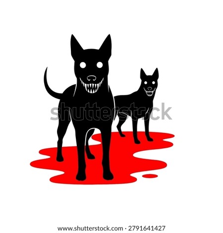 Creepy vector illustration of demonic black dogs with sharp teeth and glowing eyes standing in blood. Perfect for horror themed designs, Halloween posters, and dark fantasy concepts.