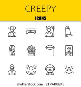 creepy vector line icons set. clown, fangs and devil Icons. Thin line design. Modern outline graphic elements, simple stroke symbols stock illustration